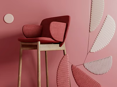 Red Bar Stool with Upholstered Seat Wooden Legs and Pink Wall Circular Leaf Accents 3d model