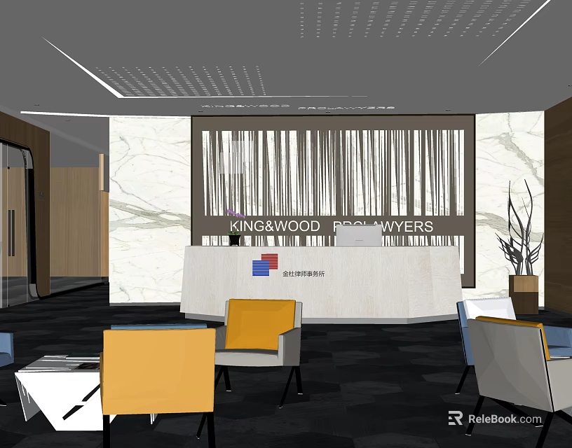 Elegant Modern Reception Area In ASHWOOD TOWER With Marble Wall Desk And Seating 3d model 