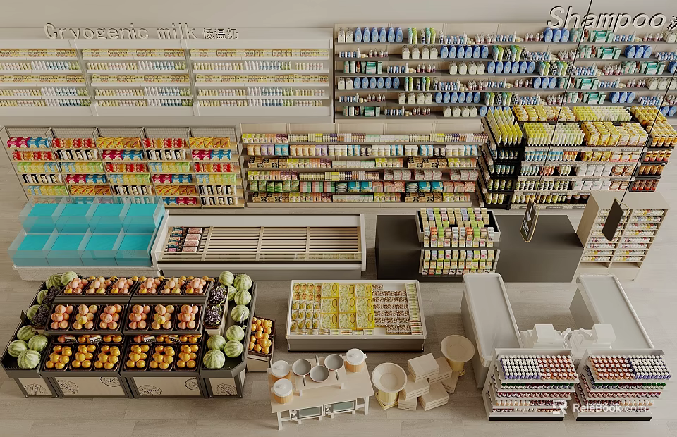 Supermarket Display Shelves Stocked With Fruits Vegetables Beverages And Canned Goods 3d model 