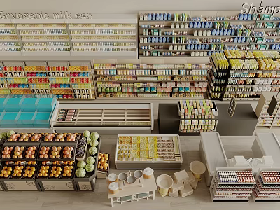 Supermarket Display Shelves Stocked With Fruits Vegetables Beverages And Canned Goods 3d model