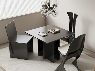 Modern Dining Table Set With Sleek Black Chairs And Glass Chandelier In Minimalist Interior 3d model