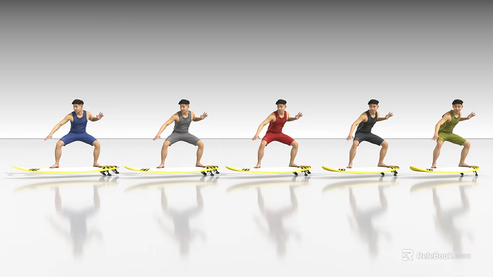 Men In Different Colored Sportswear On Surfboards With Reflective Floor Studio Setup 3d model 