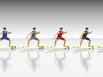 Men In Different Colored Sportswear On Surfboards With Reflective Floor Studio Setup 3d model