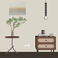Interior Home Decor With Wall Painting Pendant Light Plant Table And Cabinet