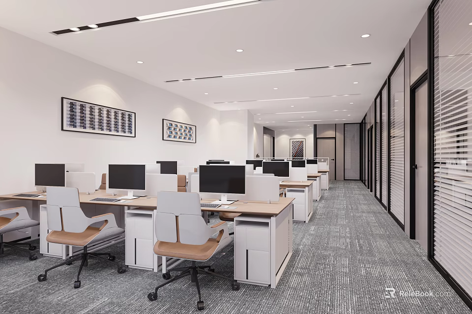 Modern Public Office Area Interior Design With Multiple Desks Ergonomic Chairs And Computers 3d model 