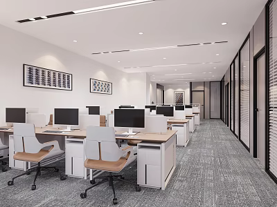 Modern Public Office Area Interior Design With Multiple Desks Ergonomic Chairs And Computers 3d model