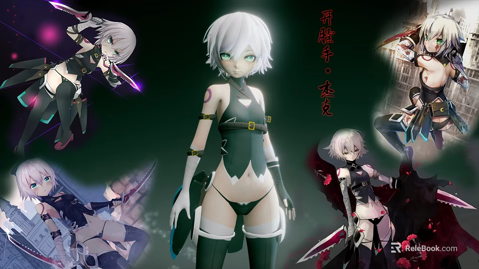 Yalingzi Lintu White Hair Green Eyes Fantasy Game Character With Green Black Outfit And Weapon 3d model 