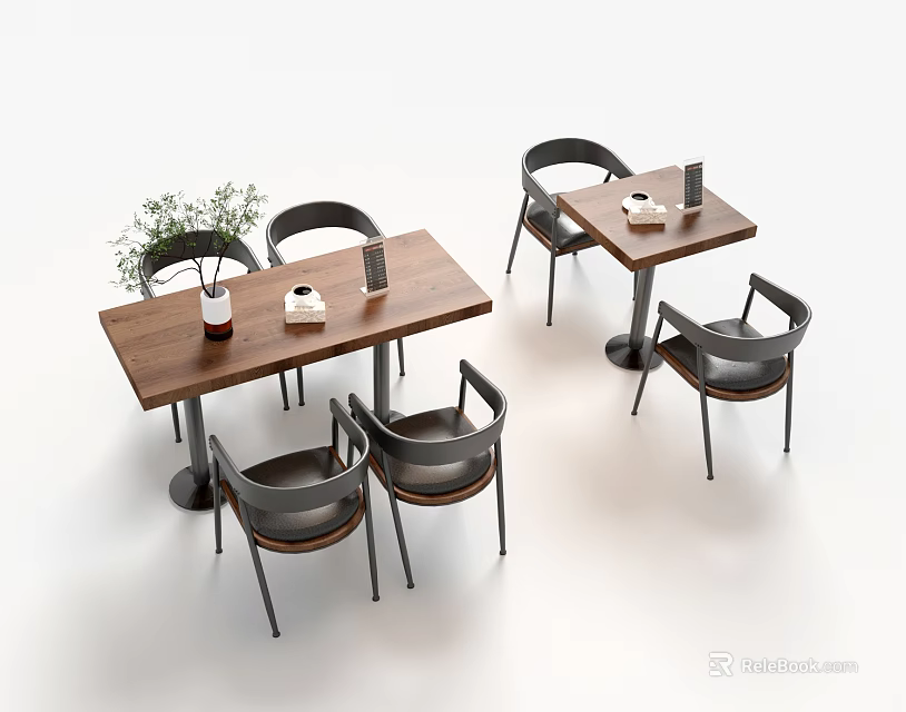Modern Dining Table Set With Wooden Tabletop And Black Chairs 3d model 