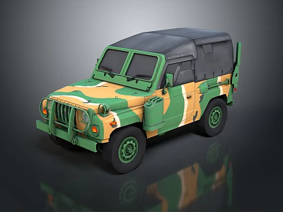 Military Style Camouflage Off Road Vehicle With Green Yellow Color And Black Soft Top 3d model