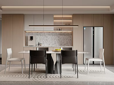 Modern Restaurant Interior With Dining Table Chairs Pendant Lights And Wooden Cabinet Design 3d model