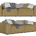 Brown Leather Two Seater Sofa With Gray Pillows And Soft Blanket 3d model