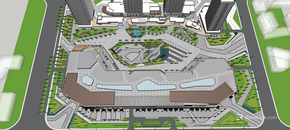 Urban Commercial Landscape Design With High Rise Buildings Plaza Green Spaces And Pedestrian Areas 3d model 