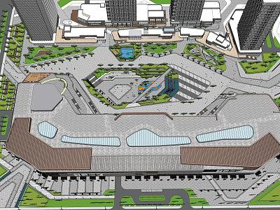 Urban Commercial Landscape Design With High Rise Buildings Plaza Green Spaces And Pedestrian Areas 3d model