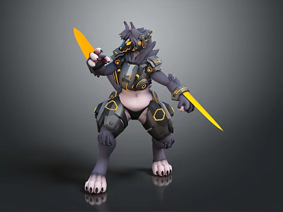 3D Armored Mechanical Wolf Game Character Holding Yellow Blades And White Claws 3d model