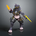 3D Armored Mechanical Wolf Game Character Holding Yellow Blades And White Claws