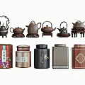 Traditional Chinese Tea Set With Multiple Teapots And Decorative Tea Caddies 3d model