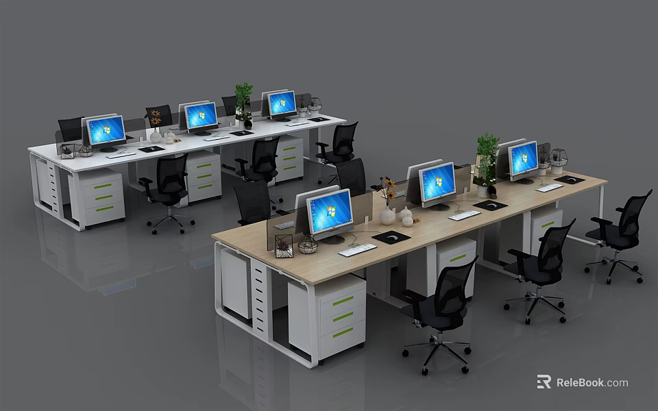 Modern Office Desks Setup With Computer Monitors Black Chairs And Potted Plants 3d model