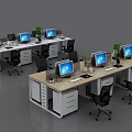 Modern Office Desks Setup With Computer Monitors Black Chairs And Potted Plants 3d model