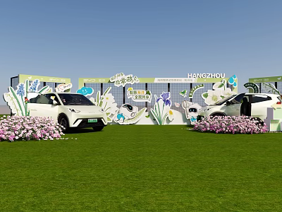 Lanzhou Outdoor Campsite With Green Grass White Cars And Flower Decorations 3d model