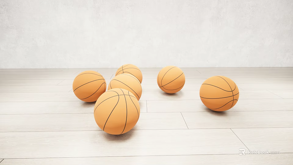 Scattered Basketballs As Sports Equipment On Light Wooden Floor With White Wall 3d model 