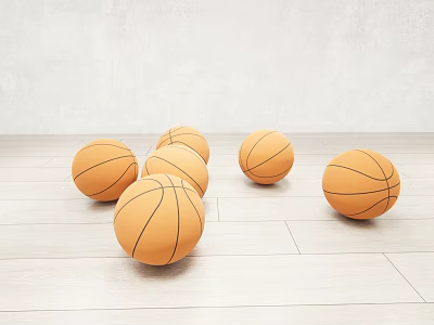Scattered Basketballs As Sports Equipment On Light Wooden Floor With White Wall 3d model