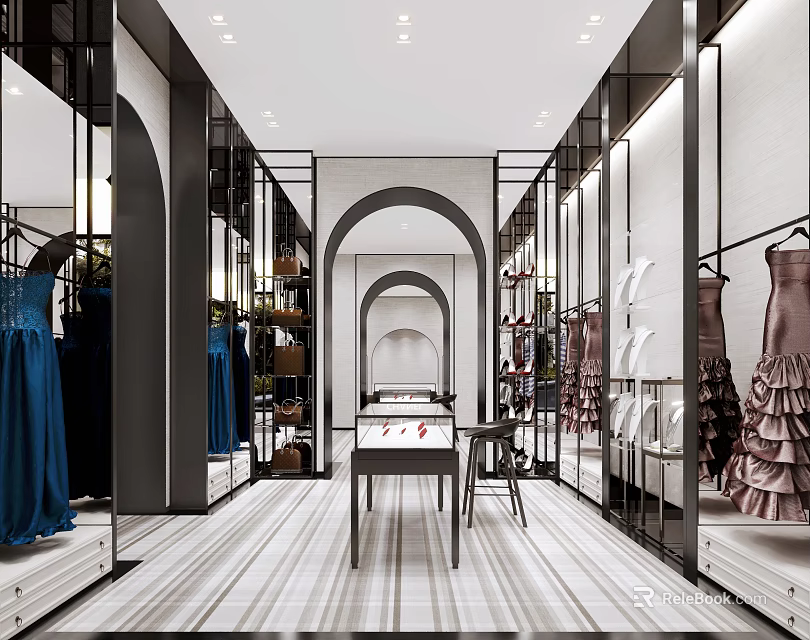 Modern Clothing Store Interior With Hanging Dresses Display Racks And Decorative Mirrors 3d model 