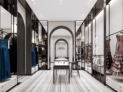Modern Clothing Store Interior With Hanging Dresses Display Racks And Decorative Mirrors 3d model