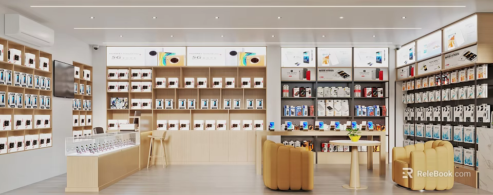 Modern Digital Store with Various Gadgets and Accessories on Display Shelves and Comfortable Seating 3d model 