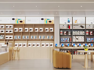 Modern Digital Store with Various Gadgets and Accessories on Display Shelves and Comfortable Seating 3d model