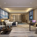 Modern Hotel Guest Room With Large Bed Mountain Landscape Backdrop And Writing Desk