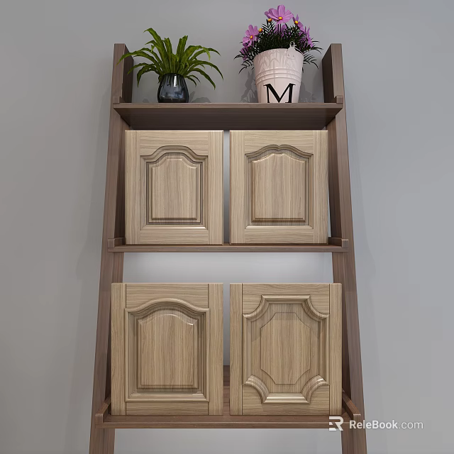 Wooden Decorative Shelf With Plants M Letter Pot And Cabinet Doors 3d model 