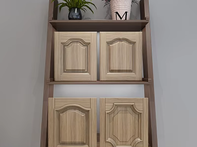 Wooden Decorative Shelf With Plants M Letter Pot And Cabinet Doors 3d model