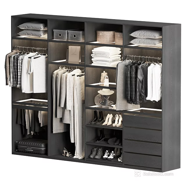 Organized Modern Wardrobe Interior with Hanging Clothes Folded Garments Shoes Storage Boxes and Drawers 3d model 