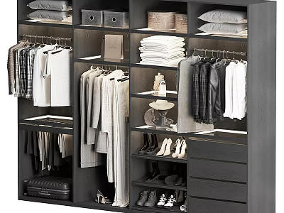 Organized Modern Wardrobe Interior with Hanging Clothes Folded Garments Shoes Storage Boxes and Drawers 3d model