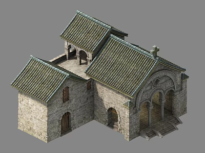 Cartoon Scene of Stone Building with Green Tiled Roofs Arched Doorways Steps and Cross 3d model