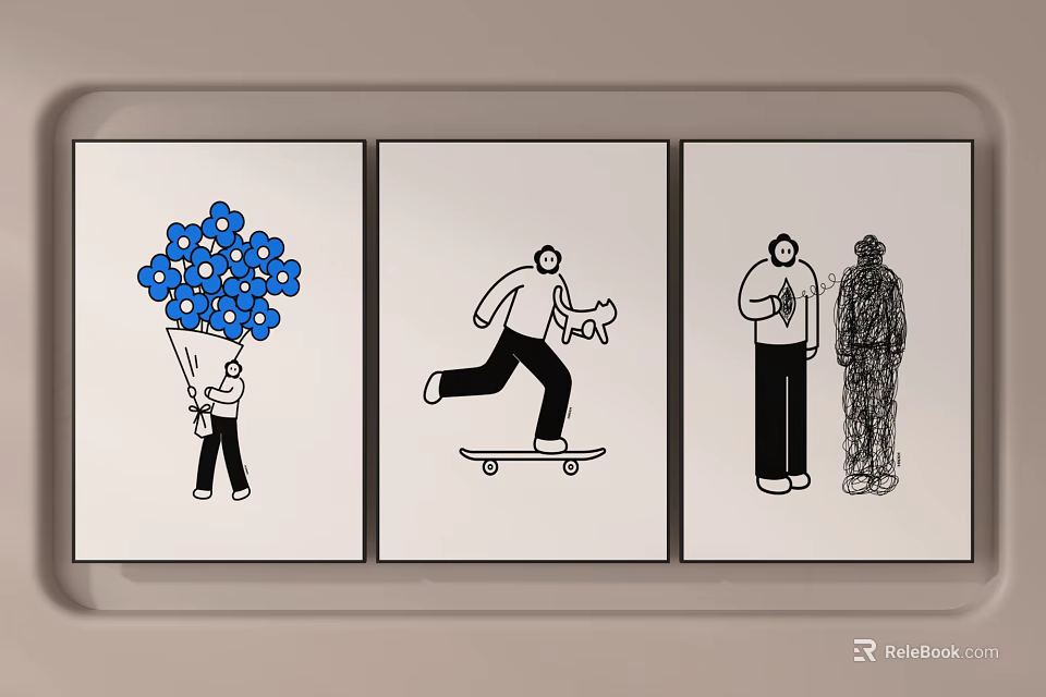 Three Panel Line Art Figure Drawings Holding Blue Bouquet Skateboarding With Dog And Two Figures 3d model 