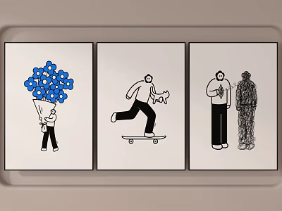 Three Panel Line Art Figure Drawings Holding Blue Bouquet Skateboarding With Dog And Two Figures 3d model