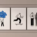 Three Panel Line Art Figure Drawings Holding Blue Bouquet Skateboarding With Dog And Two Figures