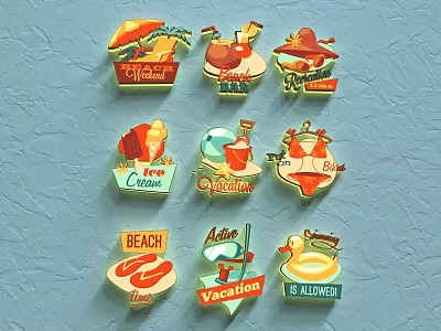 Beach Vacation Themed Badge Designs With Surfboard Umbrella Ice Cream And Lifebuoy 3d model