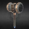 Ornate War Hammer With Circular Heads Intricate Design Bronze Accents Wooden Handle And Blue Tip