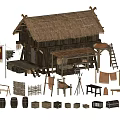 Traditional Wooden House With Thatched Roof And Surrounding Wooden Barrels Crates Ladder And Wicker Items