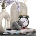 Stylish Decorative Ornament Set with Purple Flowers White Vase Woven Mat and Vintage Clock