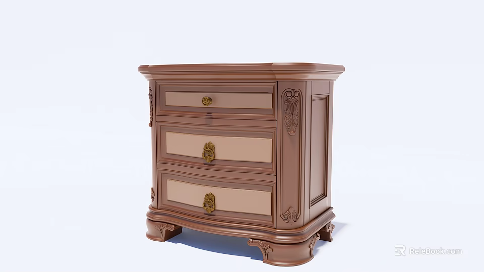 Classic Brown Wooden Nightstand With Three Drawers And Carved Decorative Details 3d model 