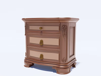 Classic Brown Wooden Nightstand With Three Drawers And Carved Decorative Details 3d model