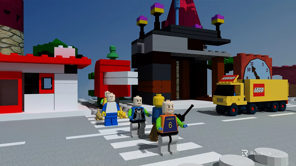 Lego Building Blocks City Scene With Minifigures Crossing Road And Yellow Truck 3d model 
