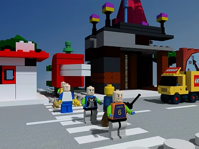 Lego Building Blocks City Scene With Minifigures Crossing Road And Yellow Truck 3d model