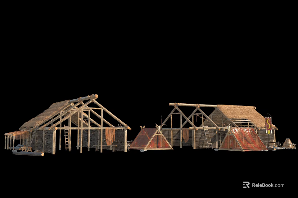 Traditional Thatched Roof Houses With Wooden Frame And Classic Architecture 3d model 