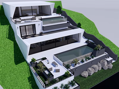 Modern Detached Villa on Hillside with Swimming Pool Terrace Large Windows and Greenery 3d model