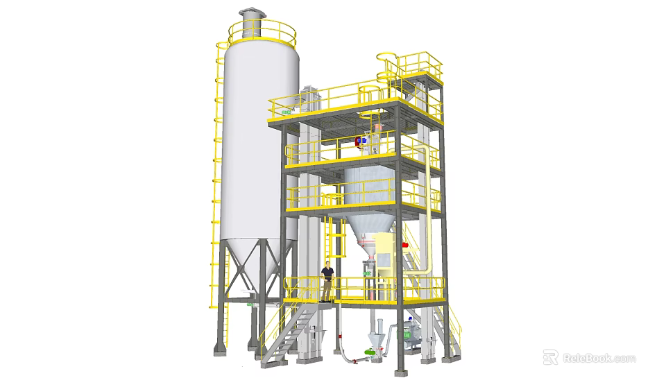 Industrial Equipment Featuring Tall Storage Tank Multi Level Platform Yellow Guardrails And Piping System 3d model 