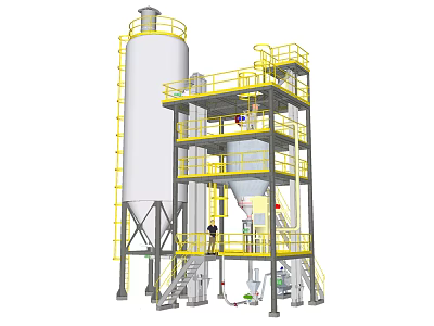 Industrial Equipment Featuring Tall Storage Tank Multi Level Platform Yellow Guardrails And Piping System 3d model